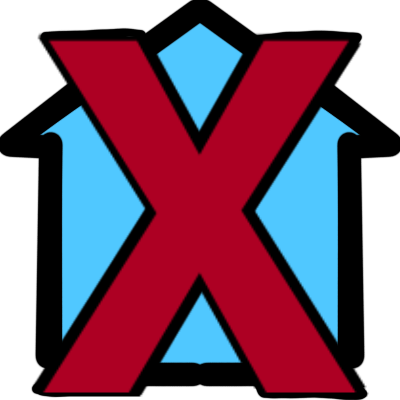 a blue house shape with a big red 'X' over it.